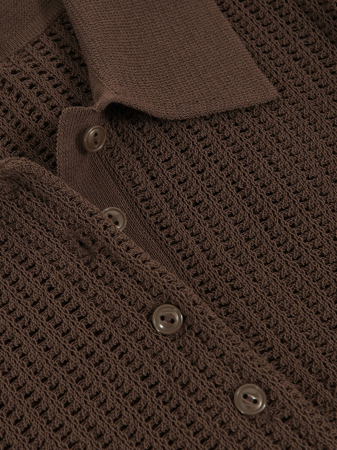 Open-Knit Long-Sleeve Polo Top Chocolate Brown | Womens