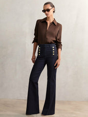 Petite Button-Detail High-Rise Flared Jeans Dark Blue | Womens