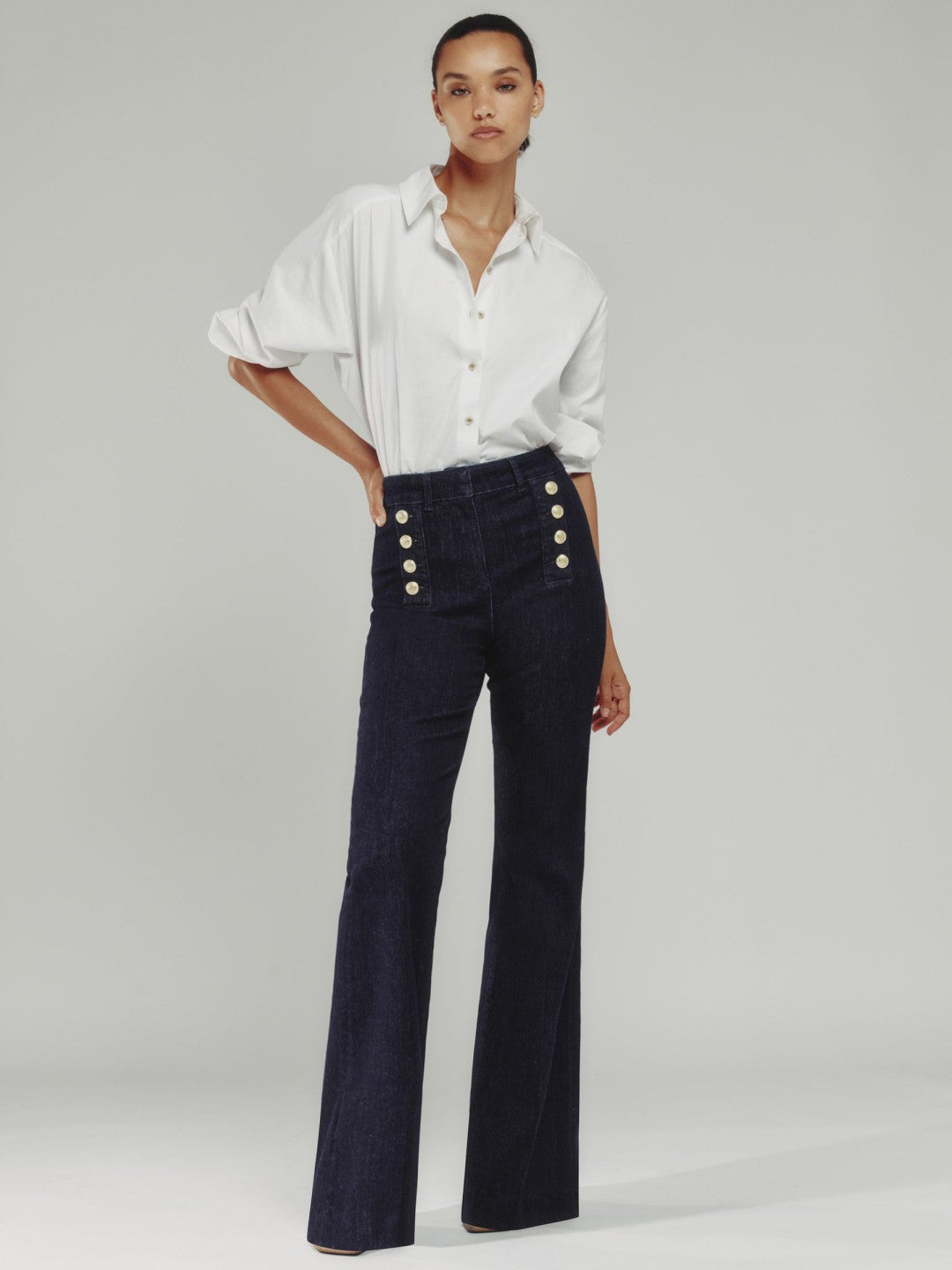Petite Button-Detail High-Rise Flared Jeans Dark Blue | Womens