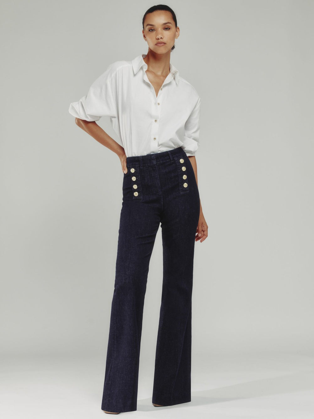 Petite Button-Detail High-Rise Flared Jeans Dark Blue | Womens