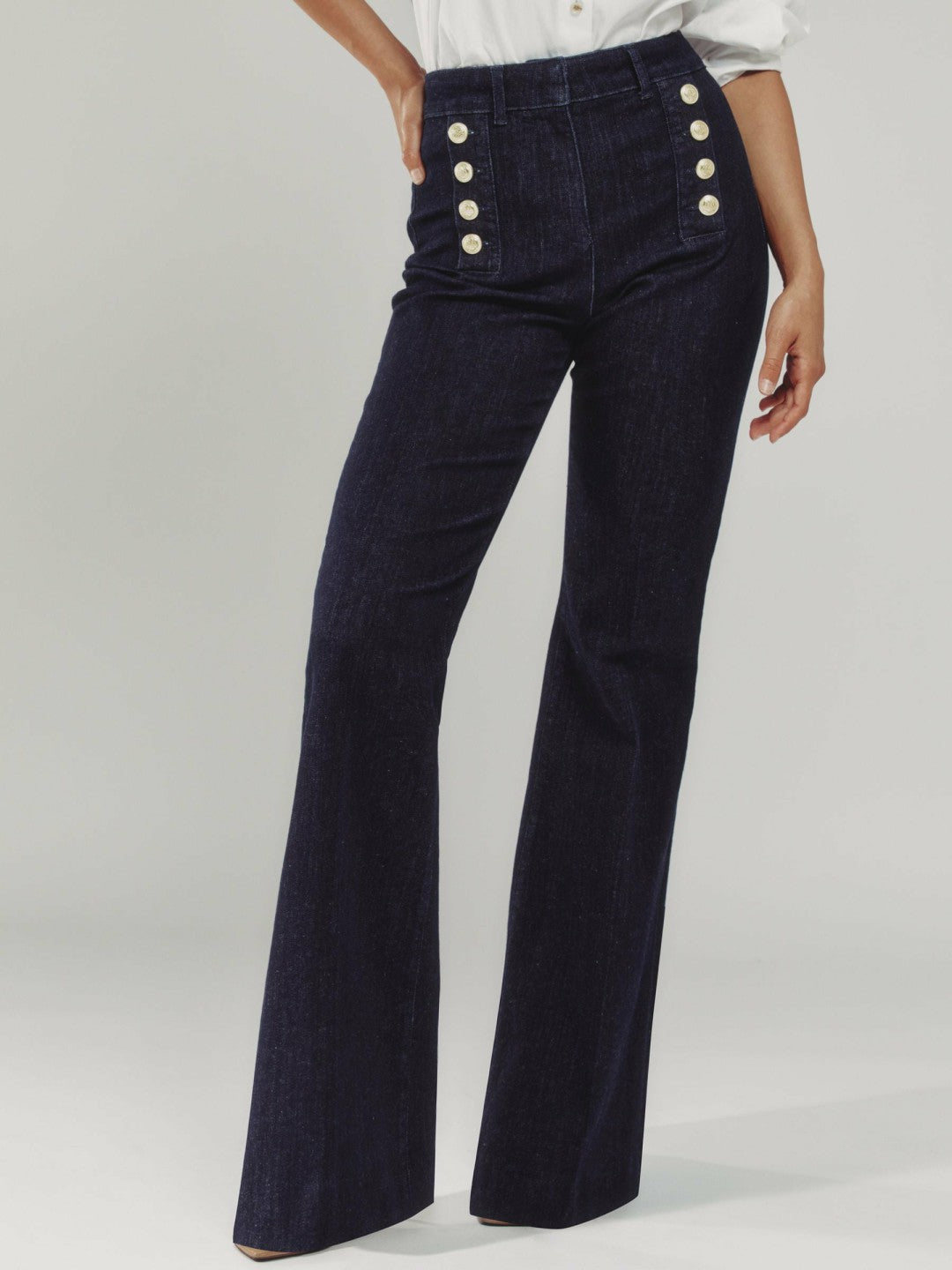 Petite Button-Detail High-Rise Flared Jeans Dark Blue | Womens