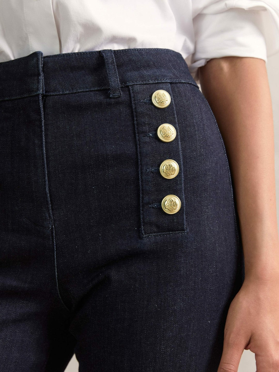 Petite Button-Detail High-Rise Flared Jeans Dark Blue | Womens